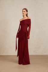 Miranda Gown - Off The Shoulder - Long Sleeves - Front Tie - Pleated & Draped Detailing - Asymmetrical - Slip - On Style