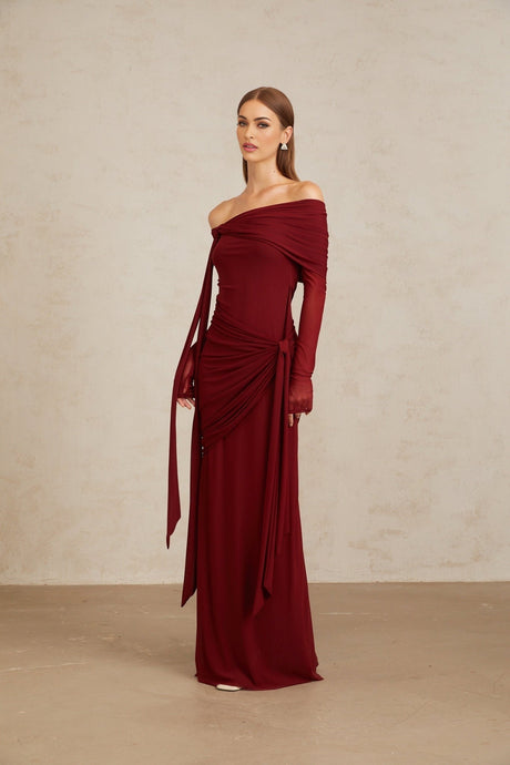 Miranda Gown - Off The Shoulder - Long Sleeves - Front Tie - Pleated & Draped Detailing - Asymmetrical - Slip - On Style