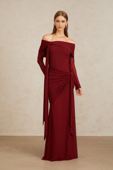 Miranda Gown - Off The Shoulder - Long Sleeves - Front Tie - Pleated & Draped Detailing - Asymmetrical - Slip - On Style