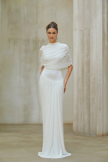 Miranda Maxi Dress White Asymmetrical Pleated Mesh Shawl Draped Floor Length