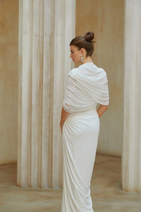 Miranda Maxi Dress White Asymmetrical Pleated Mesh Shawl Draped Floor Length