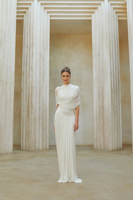 Miranda Maxi Dress White Asymmetrical Pleated Mesh Shawl Draped Floor Length