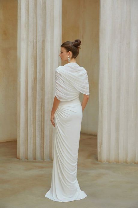 Miranda Maxi Dress White Asymmetrical Pleated Mesh Shawl Draped Floor Length