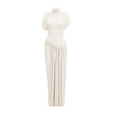 Miranda Maxi Dress White Asymmetrical Pleated Mesh Shawl Draped Floor Length