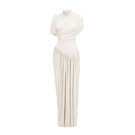 Miranda Maxi Dress White Asymmetrical Pleated Mesh Shawl Draped Floor Length