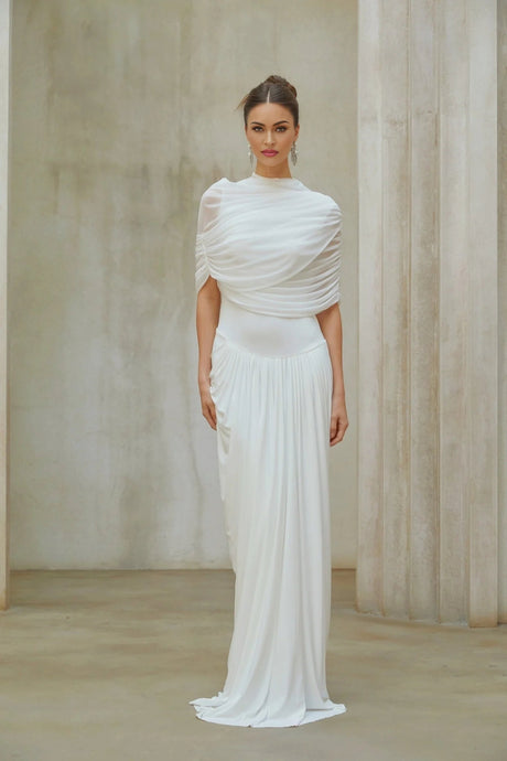 Miranda Maxi Dress White Asymmetrical Pleated Mesh Shawl Draped Floor Length