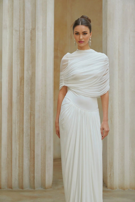 Miranda Maxi Dress White Asymmetrical Pleated Mesh Shawl Draped Floor Length