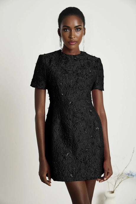 Miranda Mini Dress Black Floral Appliqu Crystal Embellishment
