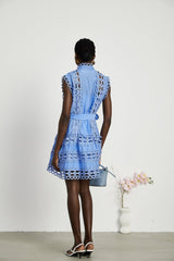 Mireille Blue Sleeveless Mini Dress With Lace Cut - Outs and Belted Waist