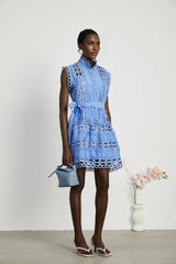 Mireille Blue Sleeveless Mini Dress With Lace Cut - Outs and Belted Waist
