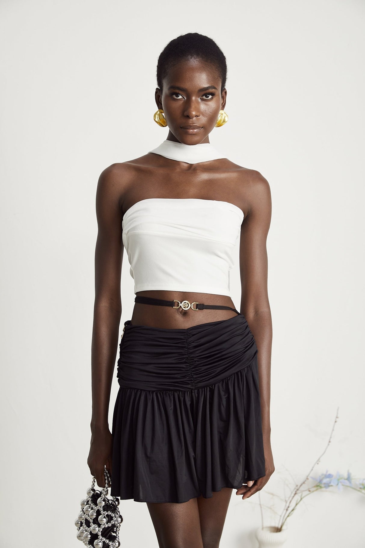 Mirella Corset Top White Off Shoulder Pleat Scarf Cropped