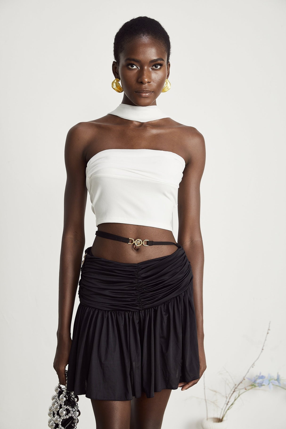 Mirella Corset Top White Off Shoulder Pleat Scarf Cropped