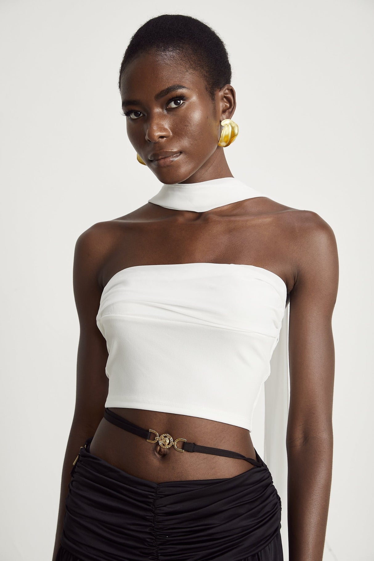 Mirella Corset Top White Off Shoulder Pleat Scarf Cropped