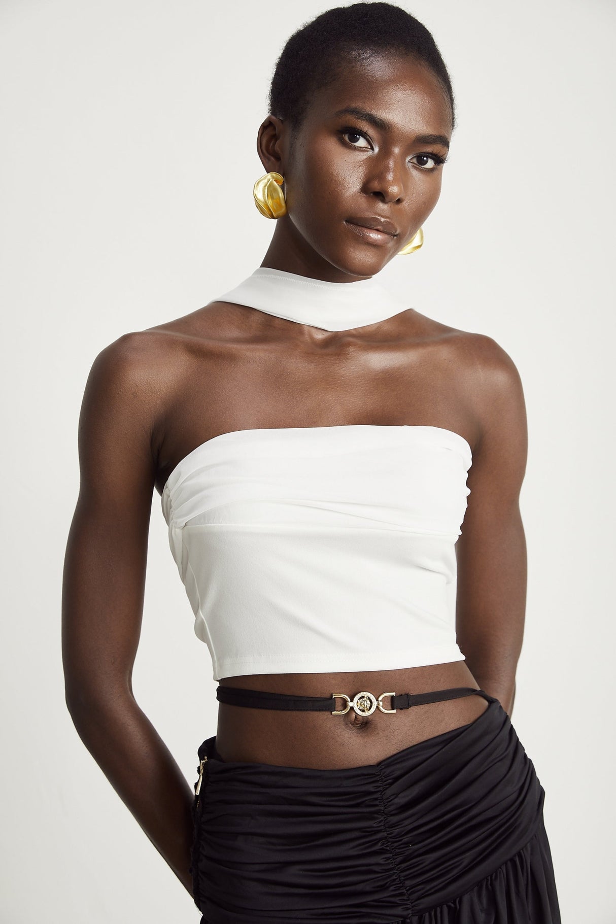 Mirella Corset Top White Off Shoulder Pleat Scarf Cropped