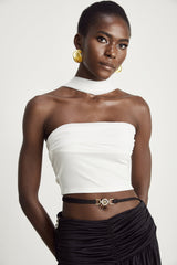 Mirella Corset Top White Off Shoulder Pleat Scarf Cropped