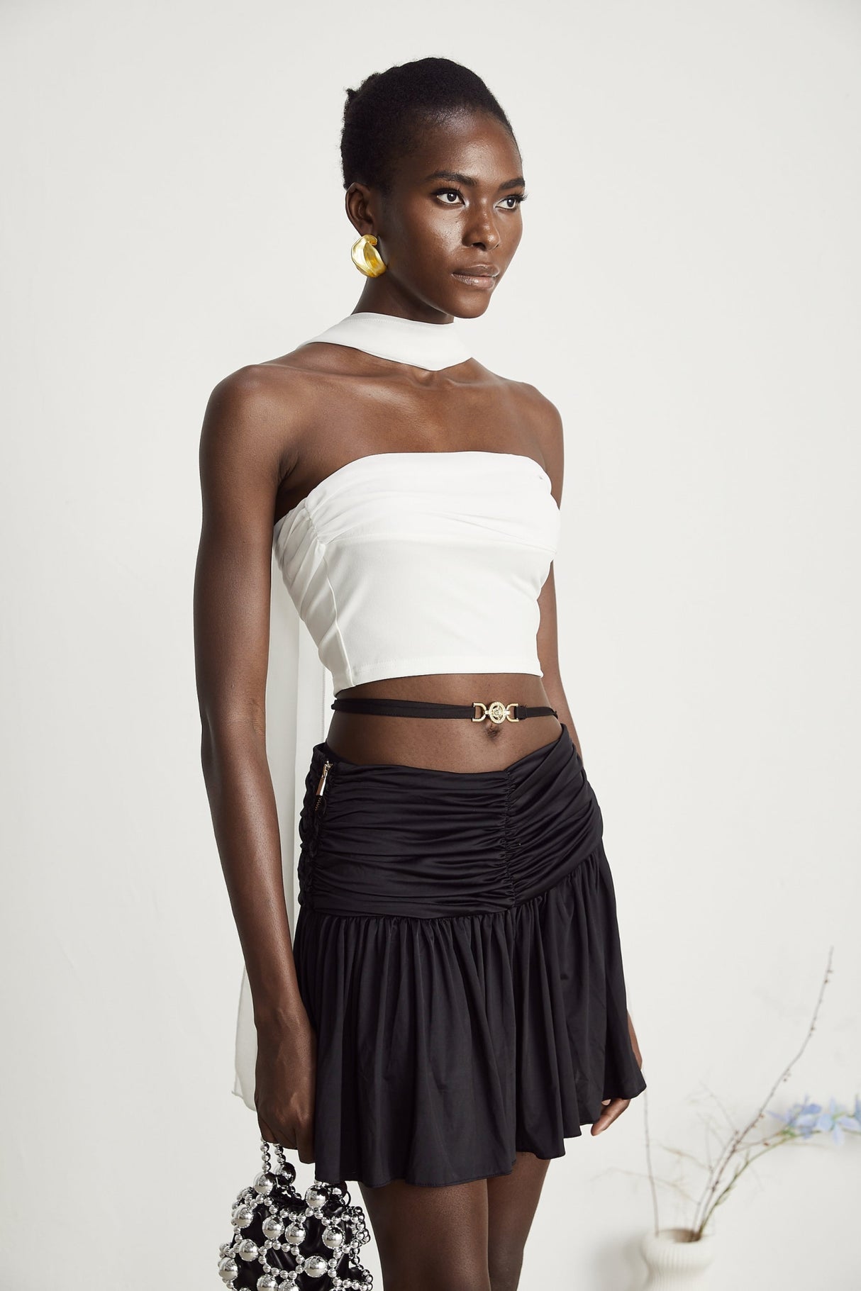 Mirella Corset Top White Off Shoulder Pleat Scarf Cropped