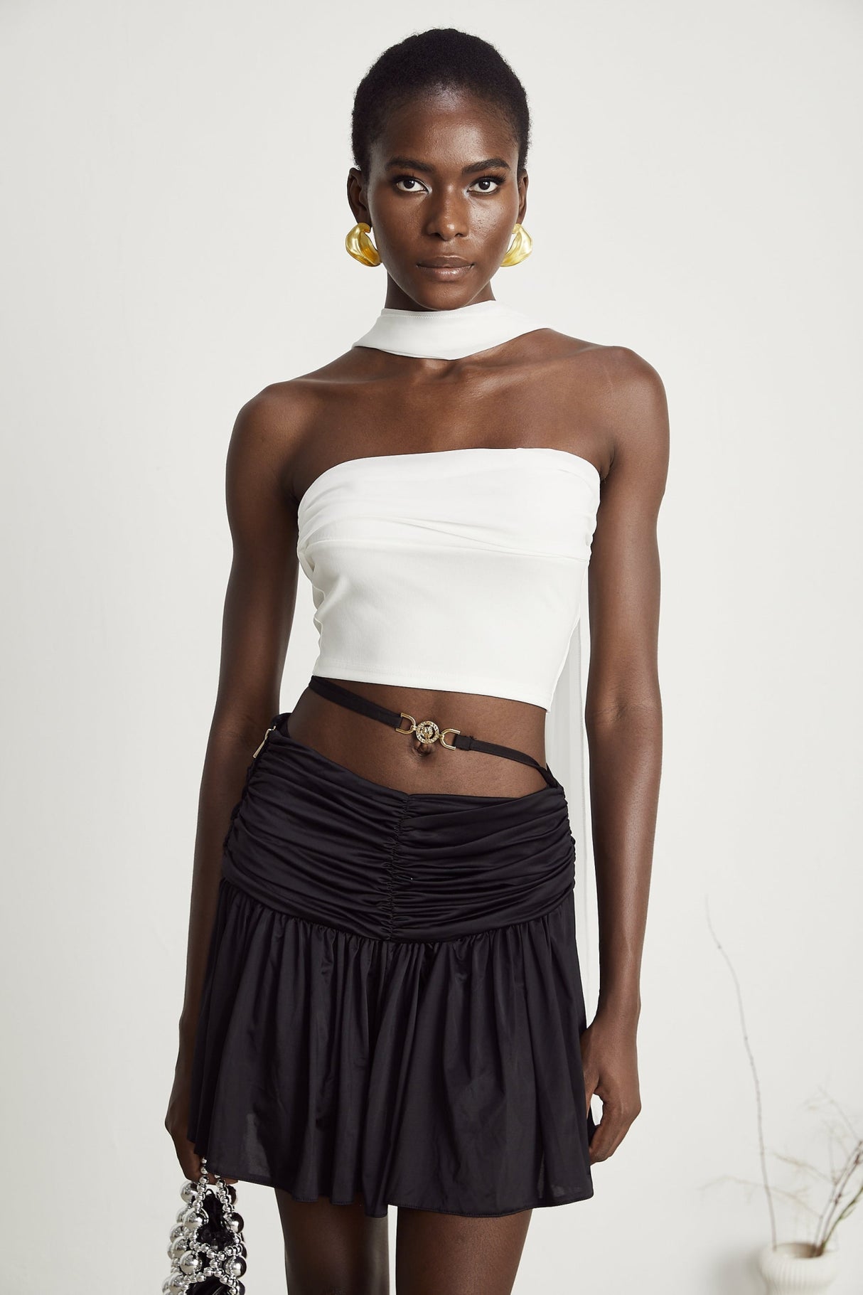 Mirella Corset Top White Off Shoulder Pleat Scarf Cropped