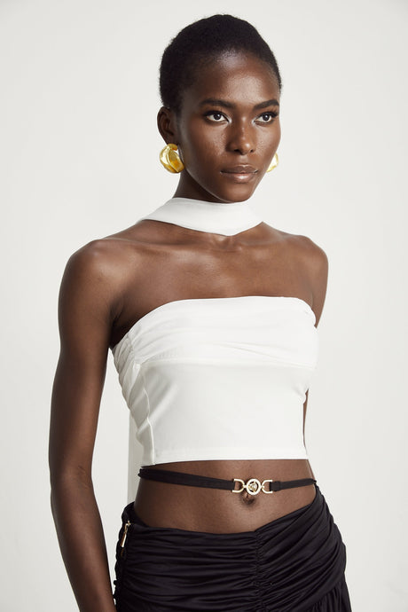Mirella Corset Top White Off Shoulder Pleat Scarf Cropped