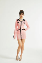 Mirella Long Sleeved Dress Pink & Black Lapel V - Neck Fitted Thigh