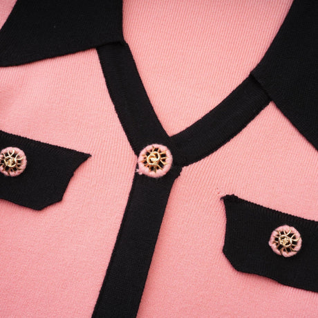 Mirella Long Sleeved Dress Pink & Black Lapel V - Neck Fitted Thigh