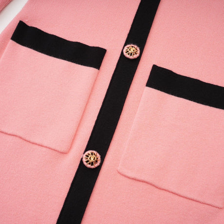 Mirella Long Sleeved Dress Pink & Black Lapel V - Neck Fitted Thigh