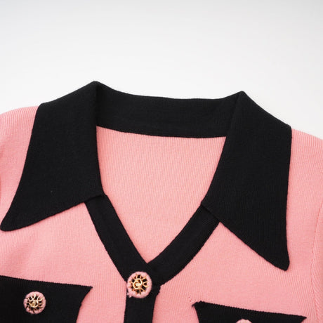 Mirella Long Sleeved Dress Pink & Black Lapel V - Neck Fitted Thigh