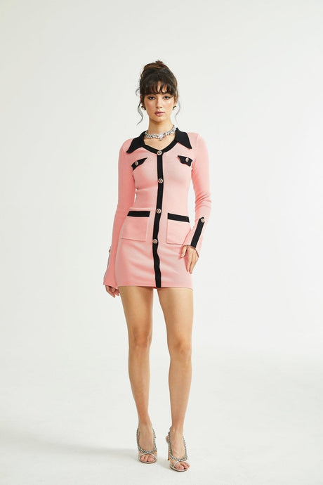 Mirella Long Sleeved Dress Pink & Black Lapel V - Neck Fitted Thigh