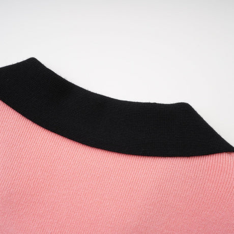 Mirella Long Sleeved Dress Pink & Black Lapel V - Neck Fitted Thigh