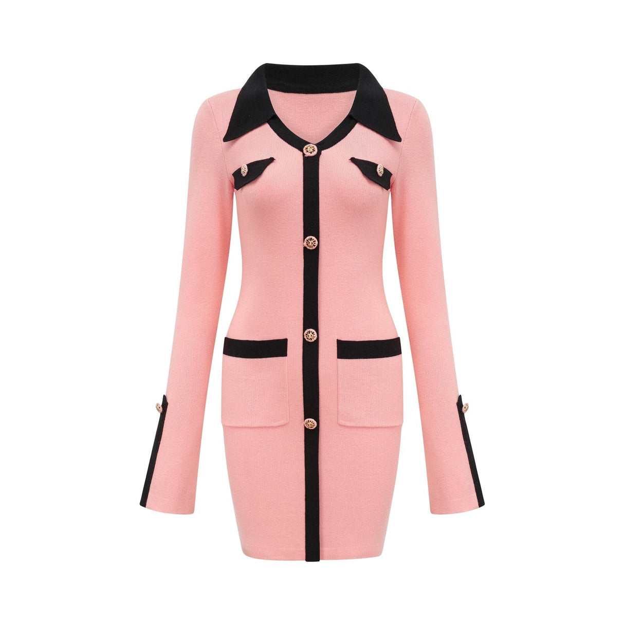 Mirella Long Sleeved Dress Pink & Black Lapel V - Neck Fitted Thigh
