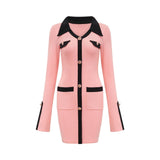 Mirella Long Sleeved Dress Pink & Black Lapel V - Neck Fitted Thigh