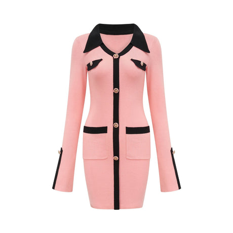 Mirella Long Sleeved Dress Pink & Black Lapel V - Neck Fitted Thigh