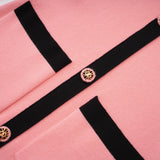 Mirella Long Sleeved Dress Pink & Black Lapel V - Neck Fitted Thigh