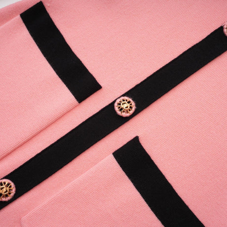 Mirella Long Sleeved Dress Pink & Black Lapel V - Neck Fitted Thigh