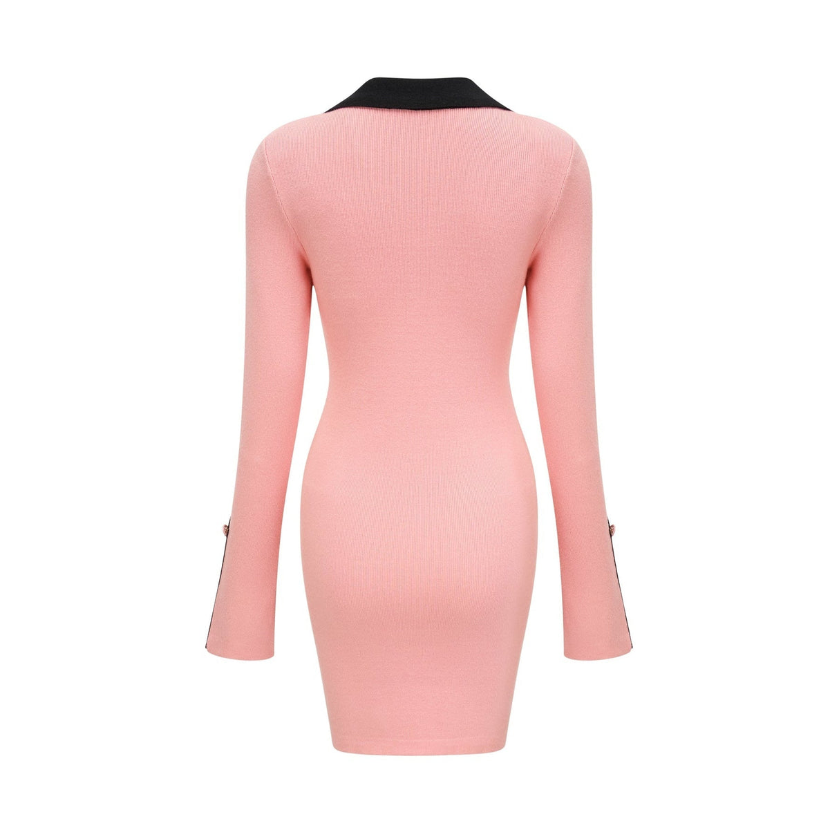 Mirella Long Sleeved Dress Pink & Black Lapel V - Neck Fitted Thigh