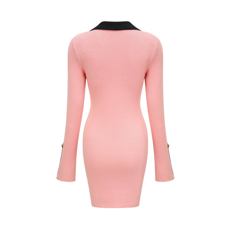 Mirella Long Sleeved Dress Pink & Black Lapel V - Neck Fitted Thigh