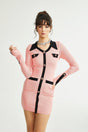 Mirella Long Sleeved Dress Pink & Black Lapel V - Neck Fitted Thigh