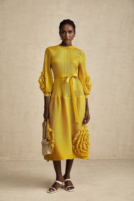 Mirella Midi Dress Yellow 3D Petal Ruffled Design
