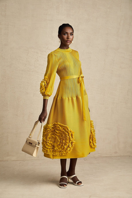 Mirella Midi Dress Yellow 3D Petal Ruffled Design