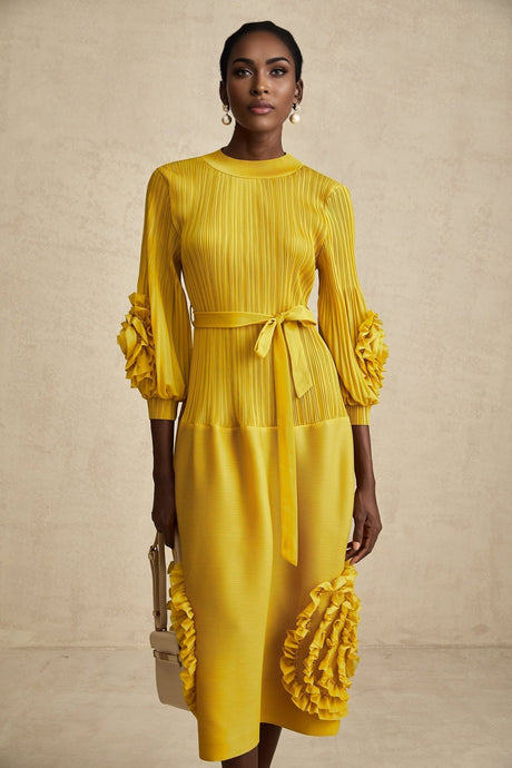 Mirella Midi Dress Yellow 3D Petal Ruffled Design