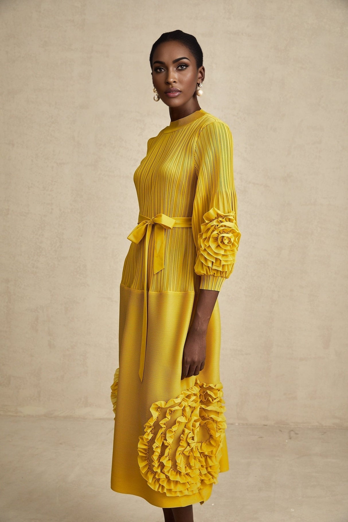 Mirella Midi Dress Yellow 3D Petal Ruffled Design