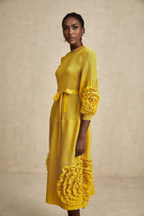 Mirella Midi Dress Yellow 3D Petal Ruffled Design