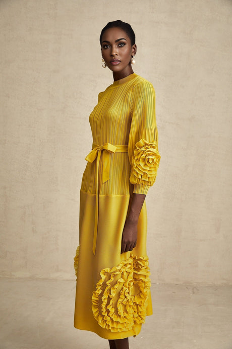 Mirella Midi Dress Yellow 3D Petal Ruffled Design