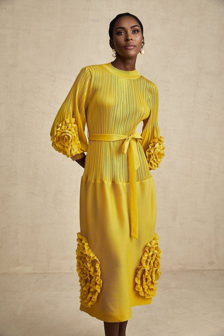 Mirella Midi Dress Yellow 3D Petal Ruffled Design