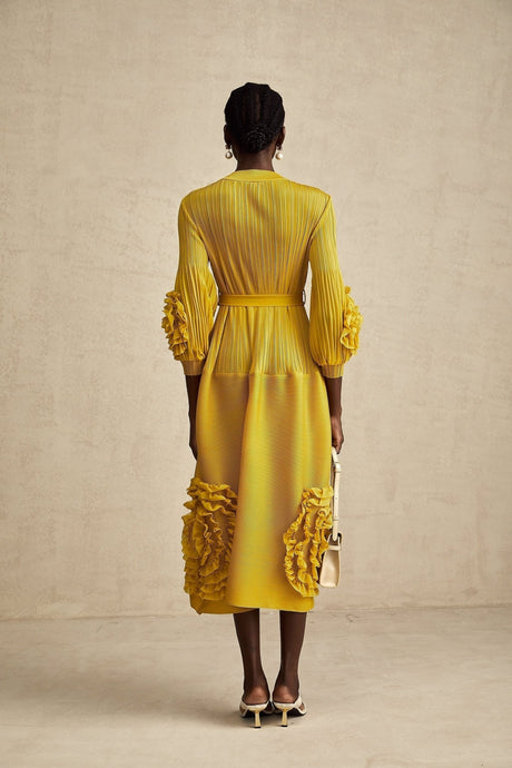 Mirella Midi Dress Yellow 3D Petal Ruffled Design