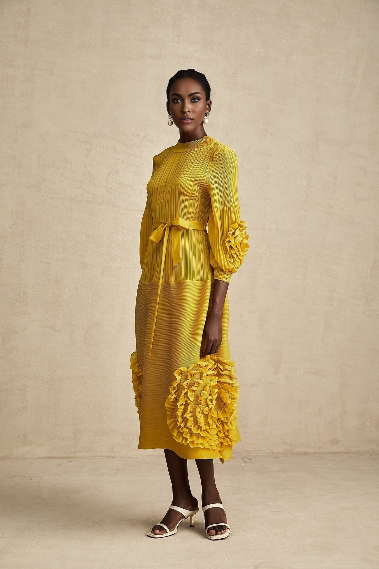 Mirella Midi Dress Yellow 3D Petal Ruffled Design
