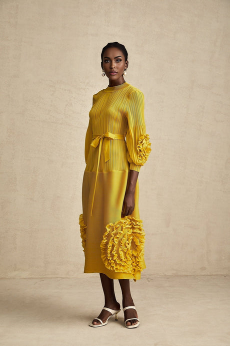 Mirella Midi Dress Yellow 3D Petal Ruffled Design