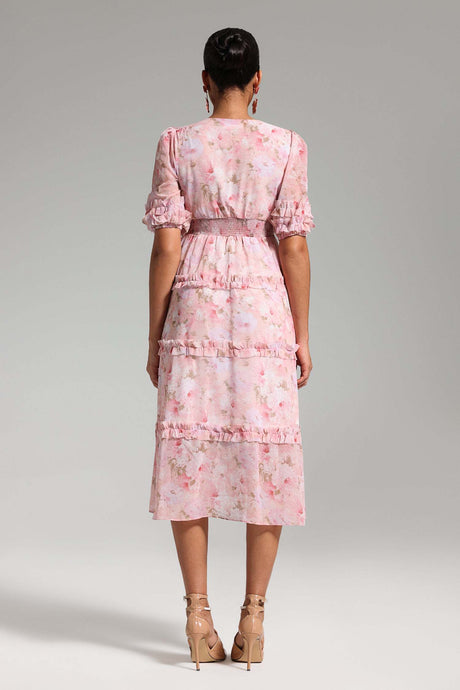 Mirella Pink Floral Print Puff Sleeve Midi Dress V-Neck Ruffle Detailing