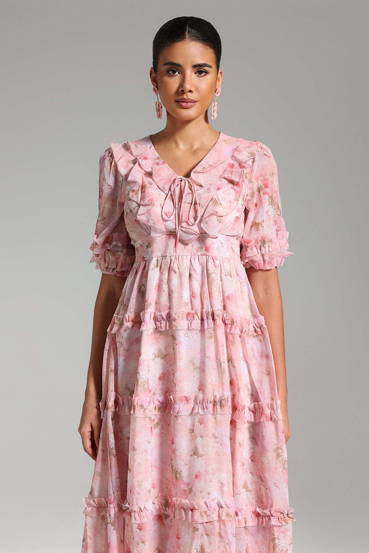 Mirella Pink Floral Print Puff Sleeve Midi Dress with Ruffled Detailing and V-Neckline