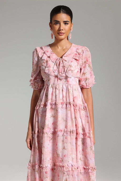 Mirella Pink Floral Print Puff Sleeve Midi Dress with Ruffled Detailing and V-Neckline