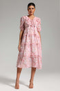 Mirella Pink Floral Print Puff Sleeve Midi Dress with Ruffled Detailing V-Neckline and Tie